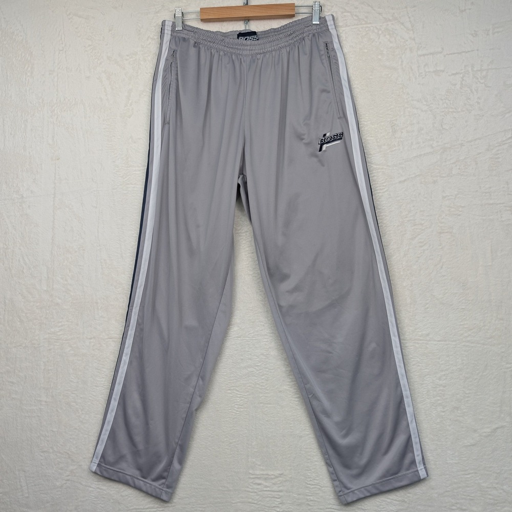 VTG Boss Track Pants Mens XXL Gray Snap Button Side Stripe Baggy Tear Away Y2K